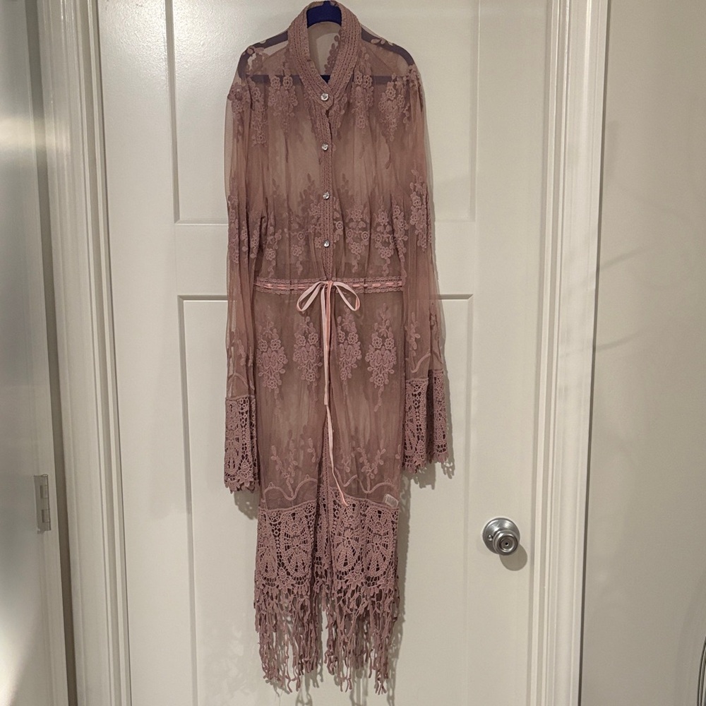 Given Kale Lace Boho Kimono Duster Cardigan Mauve Pink M